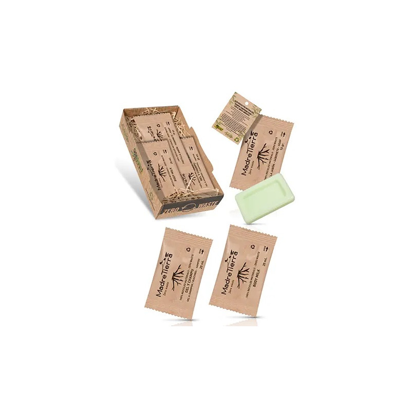 Bio-Tablettenschale mit Duschgel, Shampoo, Body Milk und Seifenstück - 50 Stück