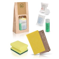 Set de nettoyage avec sac kraft - Chiffon, protège-ongles jaune et tablettes de lavage