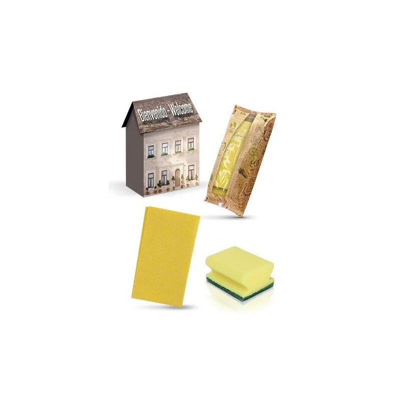 Pack de 30 Kits de Limpeza | Caixa Casinha com Pano Multiusos e Esponja Anti-Riscos