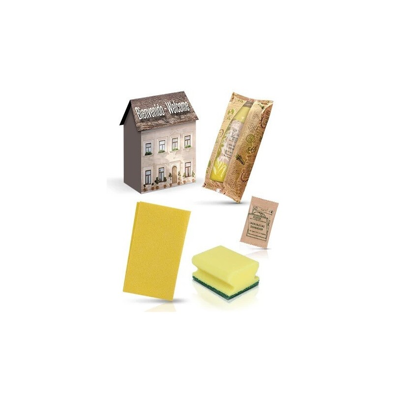 Pack de 30 Kits de Limpeza | Caixa Casinha com Pano, Esponja e Detergente da Loiça 15 ml