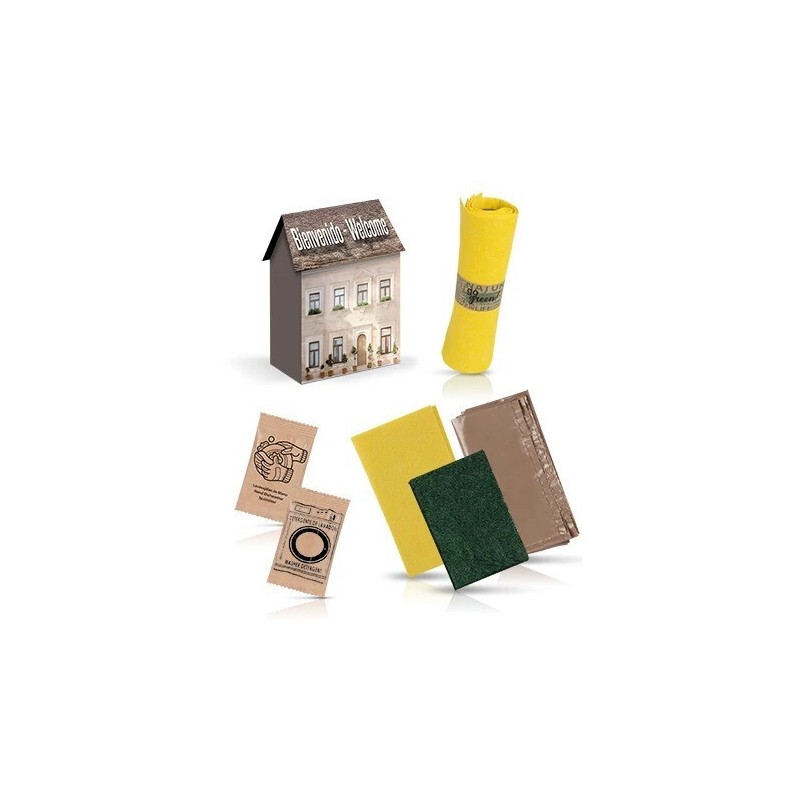 30 Kit di Pulizia | Scatola Casetta con Panno, Spugna Abrasiva, Detersivo Piatti, Detersivo Lavatrice e Sacco per Rifiuti