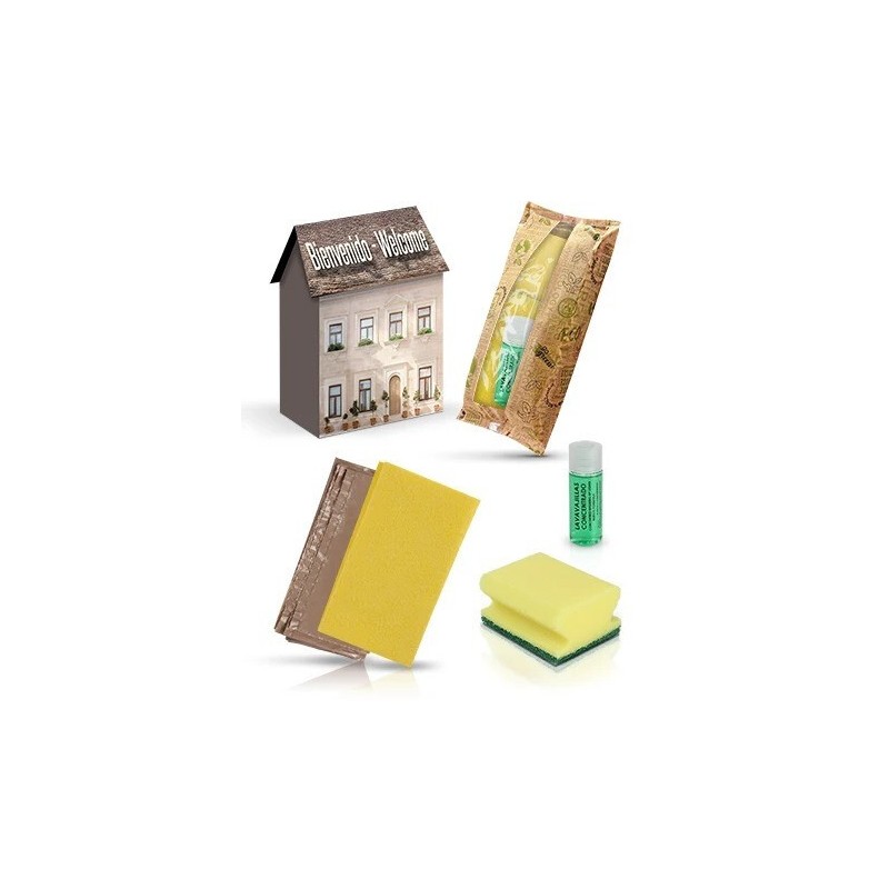 30er-Pack Reinigungskits für Ferienwohnungen | Hausbox mit Reinigungstuch, Scheuerschwamm, Spülmittel 30 ml und Müllbeutel