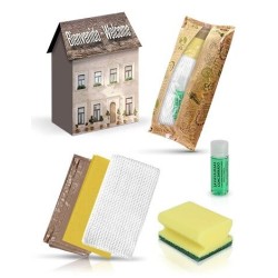 Pack de 30 Kits de Limpeza | Caixa Casinha com Pano, Esponja, Pano de Algodão, Detergente da Loiça 30 ml e Saco Bio