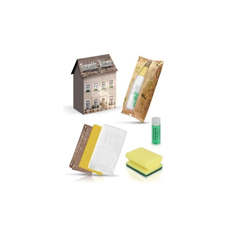 Pack de 30 Kits de Limpeza | Caixa Casinha com Pano, Esponja, Pano de Algodão, Detergente da Loiça 30 ml e Saco Bio