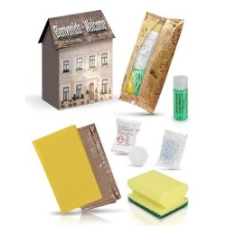 30er-Pack Reinigungskits im Hauskarton | mit Reinigungstuch, Scheuerschwamm, Spülmittel 30 ml, Reinigungstabletten