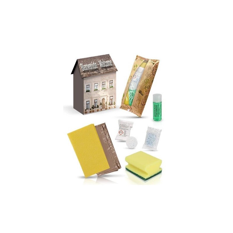 30er-Pack Reinigungskits im Hauskarton | mit Reinigungstuch, Scheuerschwamm, Spülmittel 30 ml, Reinigungstabletten