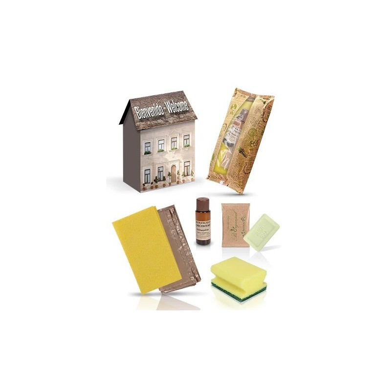 Pack of 30 Cleaning Kits in House-Shaped Box | with Scrub Sponge, Cleaning Cloth, Organic Dishwashing Liquid 30 ml, Soap Bar