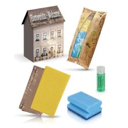 Pack of 30 Cleaning Kits in House-Shaped Box | with Cleaning Cloth, Blue Scrub Sponge, Dishwashing Liquid 30 ml and Bio Bag