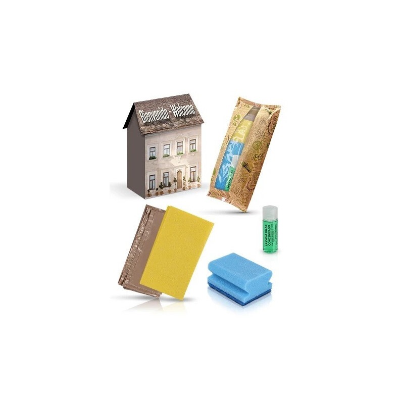 30er-Pack Reinigungskits im Hauskarton | mit Reinigungstuch, blauem Scheuerschwamm, Spülmittel 30 ml und Bio-Beutel