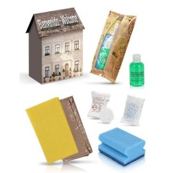 30 Cleaning Kits in House-Shaped Box with Cleaning Cloth, Blue Scrub Sponge, Dishwashing Liquid 75ml, Dishwasher Tablets