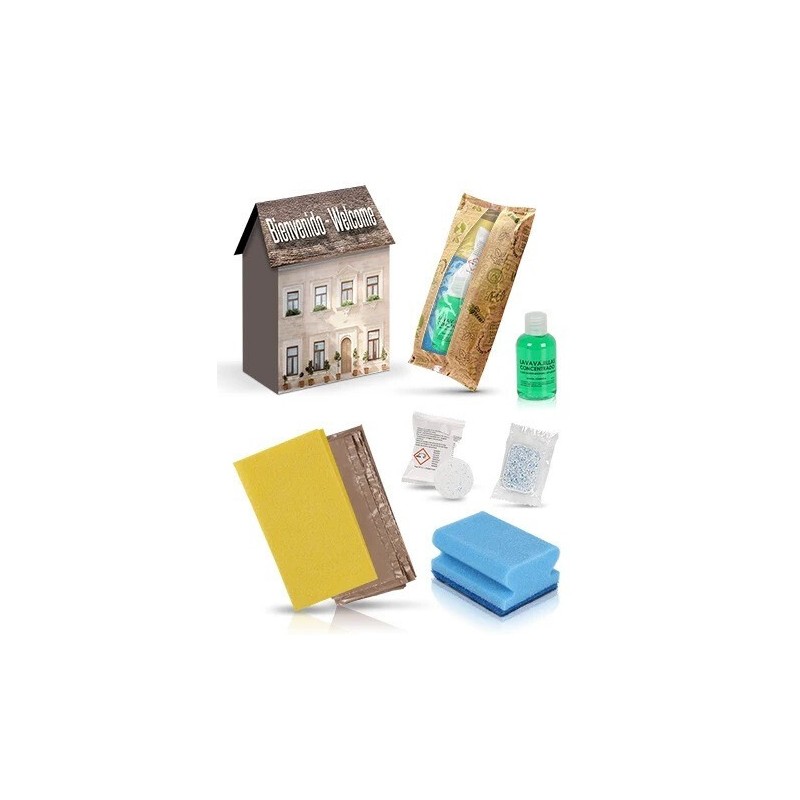 Confezione da 30 Kit di Pulizia in Scatola Casetta | con Panno, Spugna Blu Salvauñas, Detersivo Piatti 75 ml, Pastiglie