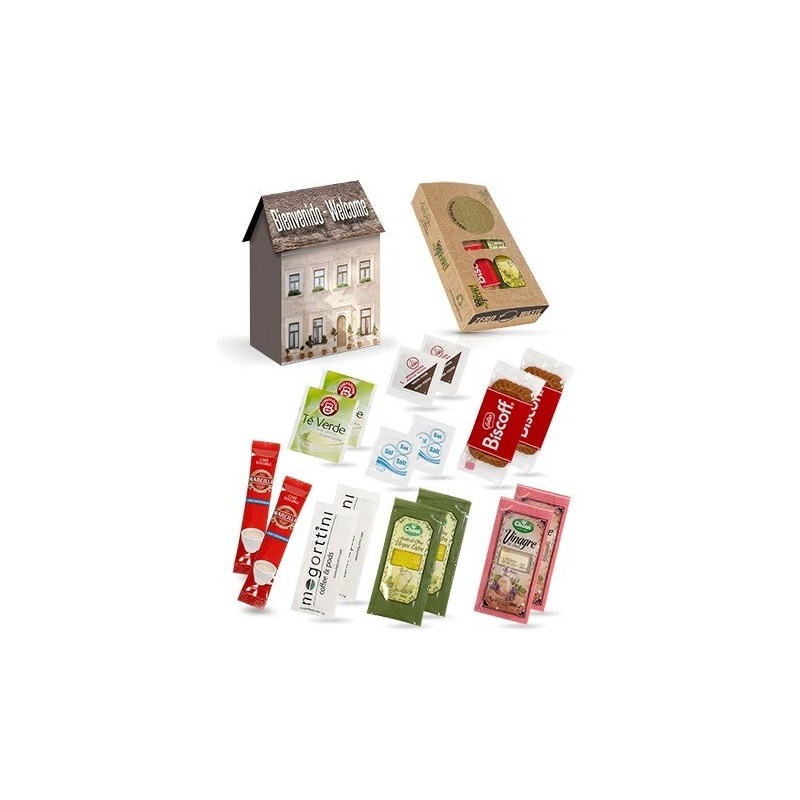 30er-Pack Lebensmittel-Willkommenssets im Hauskarton | mit Zucker, Kaffee, Tee, Olivenöl und Gewürzen