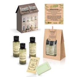 Pack de 30 Sets de Boas-Vindas Pharmaherbs em Caixa Casinha | com Gel de Banho, Champô, Body Milk e Sabonete em Saco Kraft
