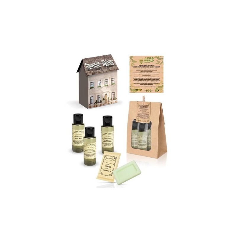 Confezione da 30 Set di Benvenuto Pharmaherbs in Scatola Casetta | con Gel Doccia, Shampoo, Body Milk e Sapone