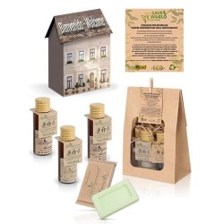 30er-Pack Biorganical Willkommenssets im Hauskarton | mit Duschgel, Shampoo, Body Milk und Seife in Kraftpapierbeutel