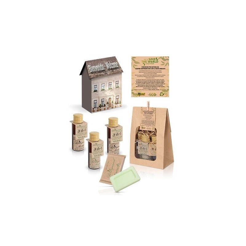 Pack de 30 Sets de Boas-Vindas Biorganical em Caixa Casinha | com Gel de Banho, Champô, Body Milk e Sabonete em Saco Kraft