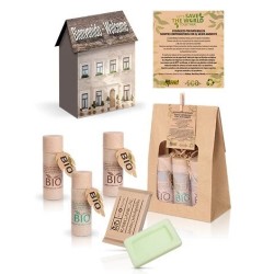 Pack of 30 Bio Welcome Sets in House-Shaped Box | with Shower Gel, Shampoo, Body Milk and Soap in Kraft Bag