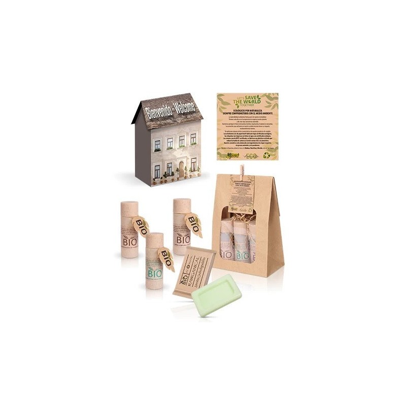 Confezione da 30 Set di Benvenuto Bio in Scatola Casetta | con Gel Doccia, Shampoo, Body Milk e Sapone in Sacchetto Kraft