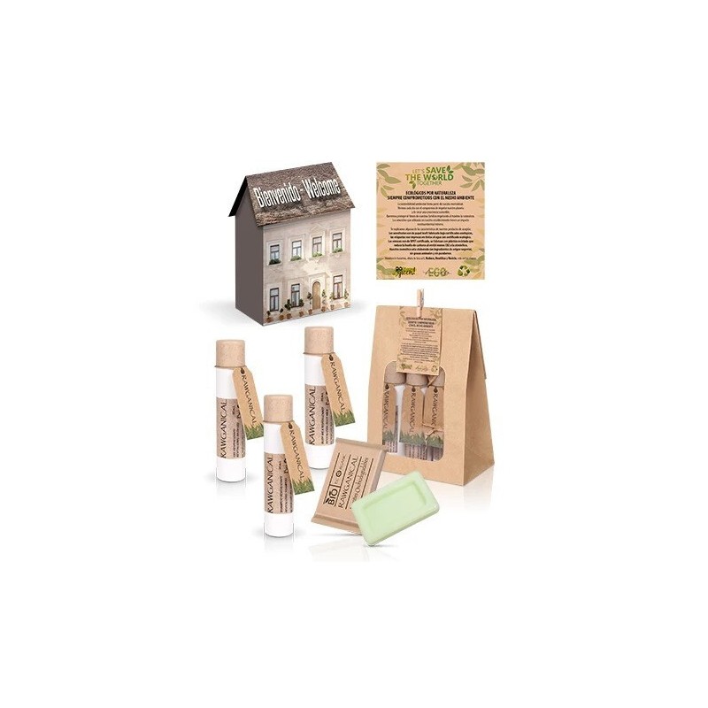 Lot de 30 Sets de Bienvenue Rawganical en Boîte Maison | avec Gel Douche, Shampoing, Lait Corporel et Savon dans un Sac Kraft