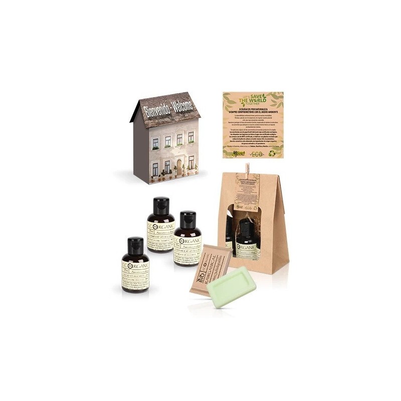 Lot de 30 Sets de Bienvenue Ecorganic en Boîte Maison | avec Gel Douche, Shampoing, Lait Corporel et Savon dans un Sac Kraft