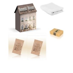 Pack de 30 Kits de Banho para Alojamentos | em Caixa Casinha com Gel de Banho & Champô Bio, Esponja e Toalha Descartável