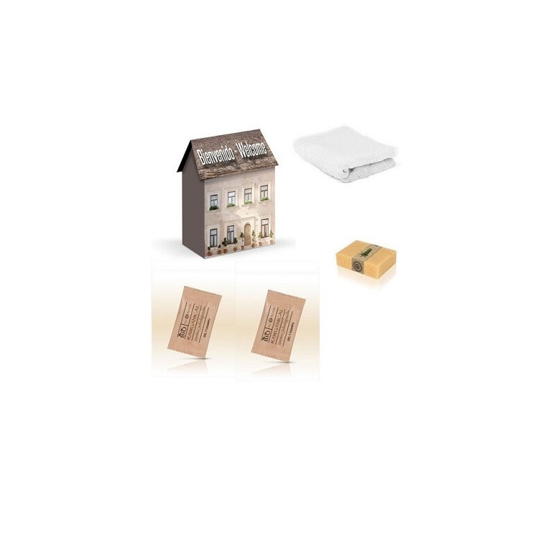 Pack of 30 Shower Kits for Rentals | in House-Shaped Box with Organic Shower Gel & Shampoo, Sponge and Disposable Towel
