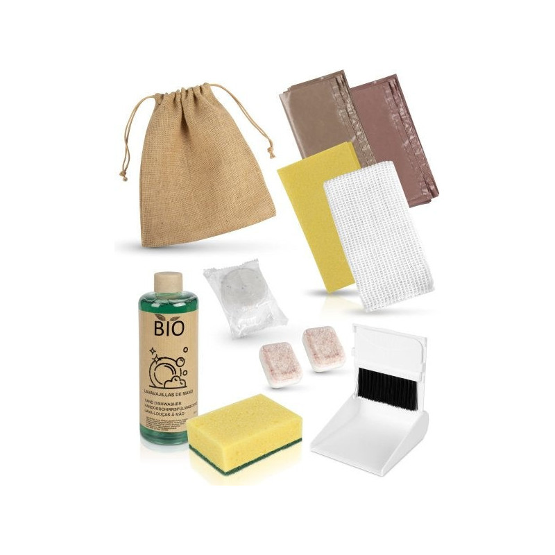 Weekly cleaning kit presented in an organic cloth