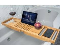 Plateau en bambou pour baignoire avec espace pour supporter tablettes, smartphones, verres &agrave; vin, etc...