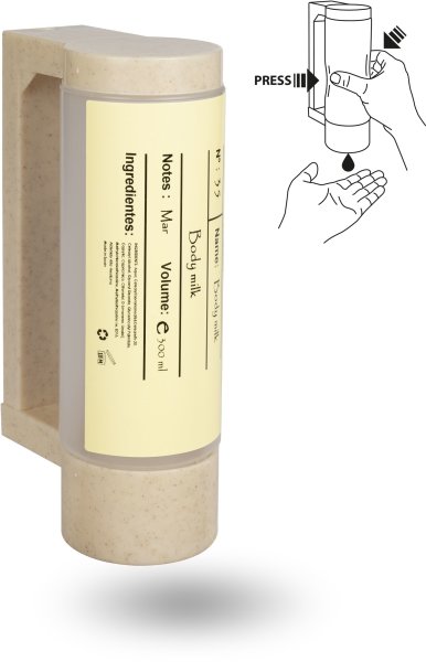 Halterung mit leerer 400 ml BIO-Spenderflasche - Diebstahlsicherung (f&uuml;r Body Milk)