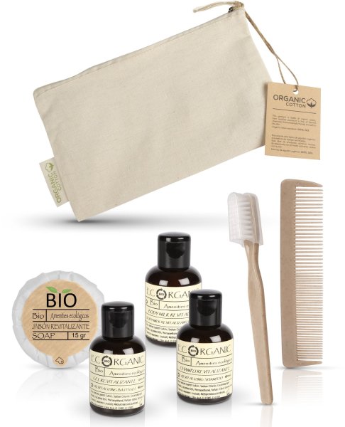 Kit de higiene en neceser algod&oacute;n 100% fibras organicas completo - 50 unidades | Personalizado